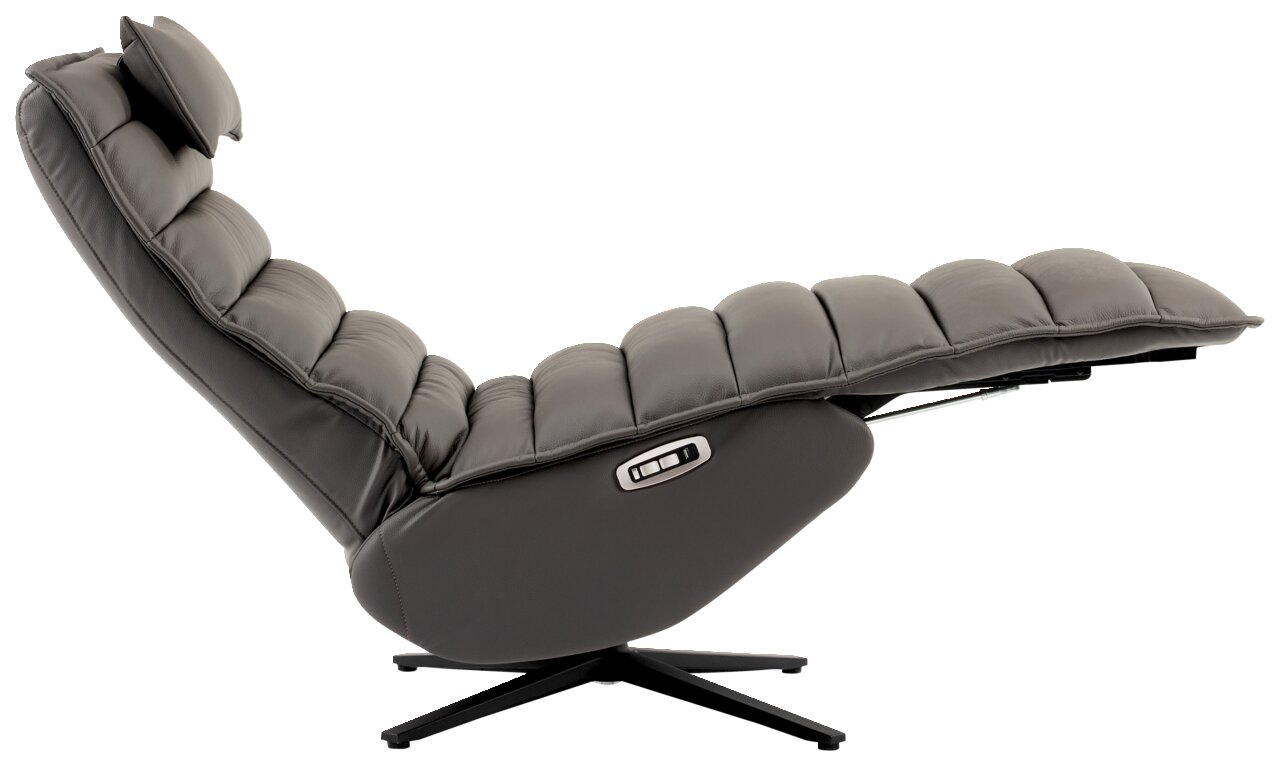 Seitliche Ansicht einer grauen Relaxliege mit gepolstertem Design und verstellbarer Rückenlehne.