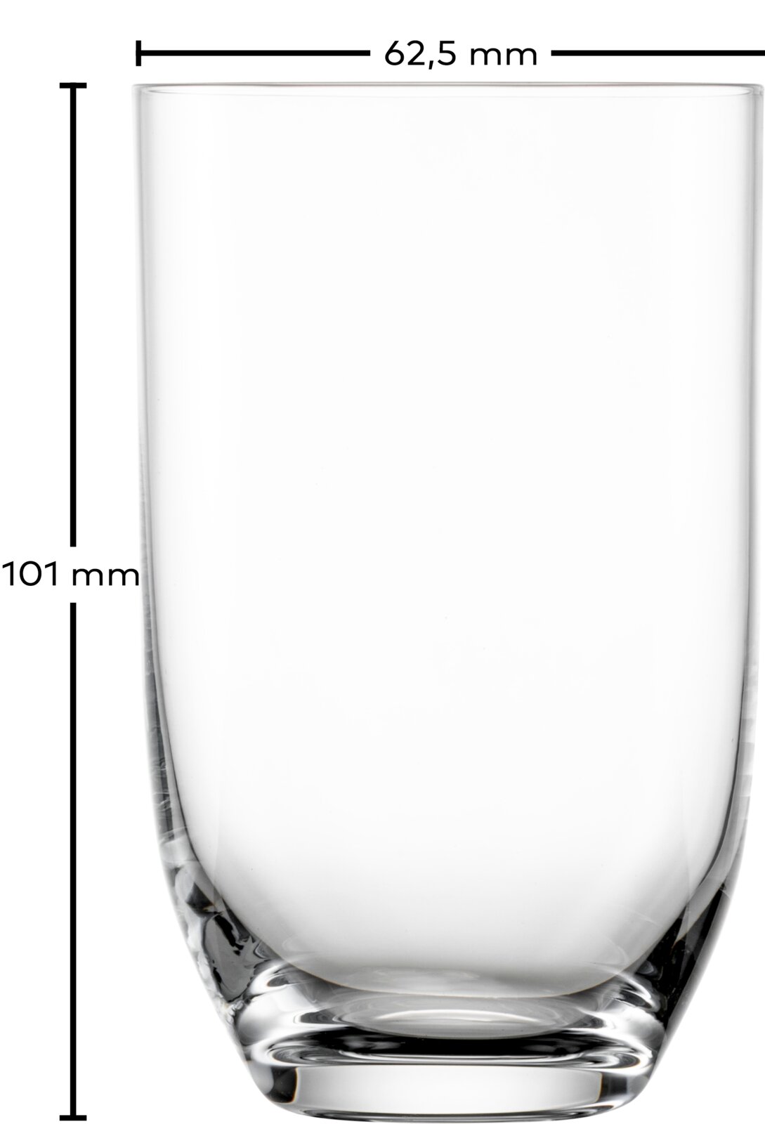 Transparentes Trinkglas mit dickem Boden, Höhe 101 mm und Durchmesser 62,5 mm, freigestellt auf weißem Hintergrund, Frontansicht.