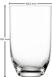 Transparentes Trinkglas mit dickem Boden, Höhe 101 mm und Durchmesser 62,5 mm, freigestellt auf weißem Hintergrund, Frontansicht.