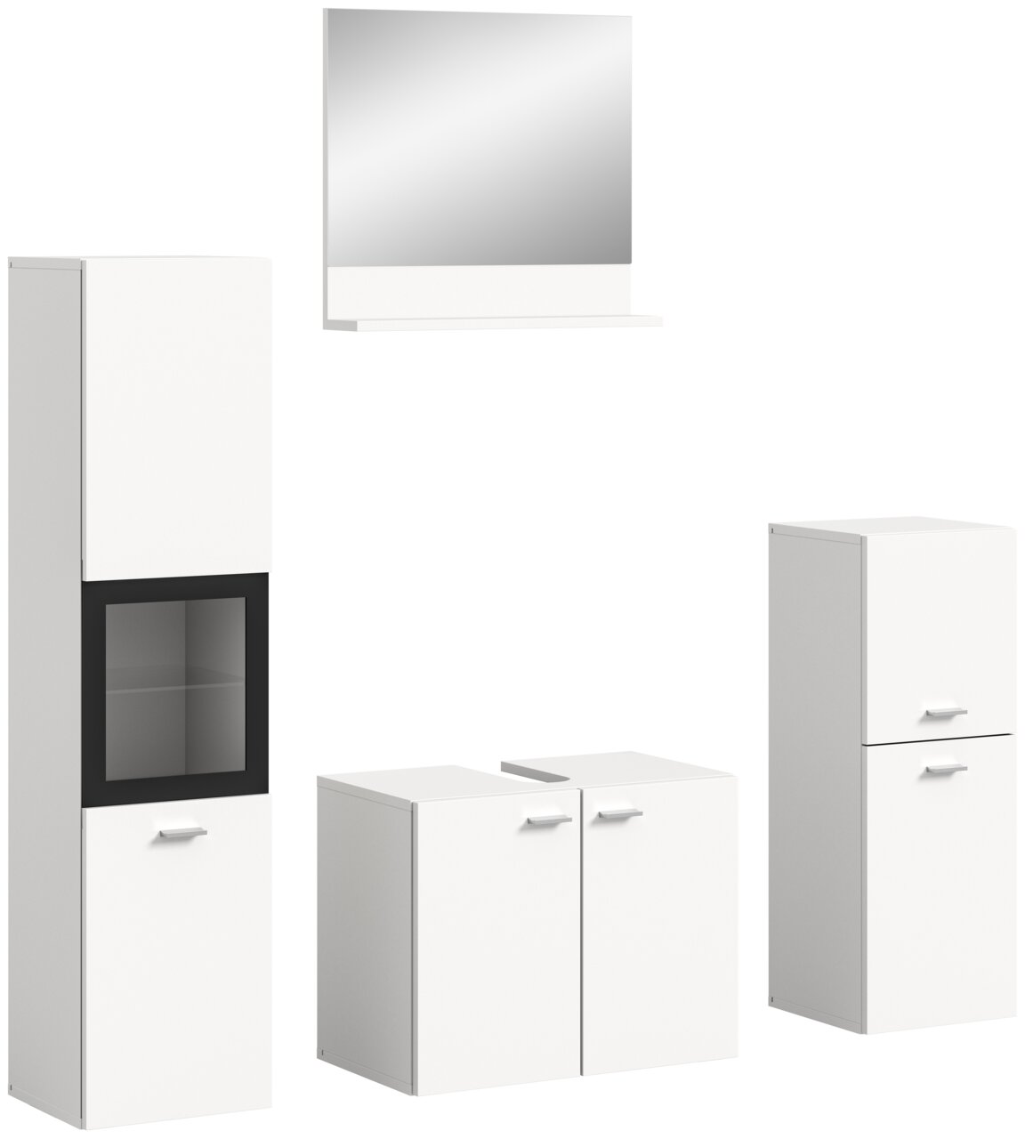 Moderne Badkombination mit weißem Schrank, Spiegelschrank und Unterschrank, seitliche Perspektive