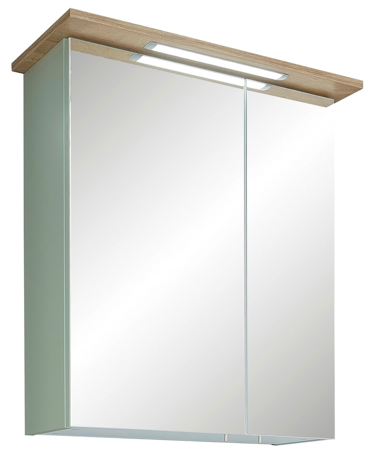 Spiegelschrank mit Holzablage und integrierter Beleuchtung, Frontalansicht