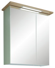 Spiegelschrank mit Holzablage und integrierter Beleuchtung, Frontalansicht