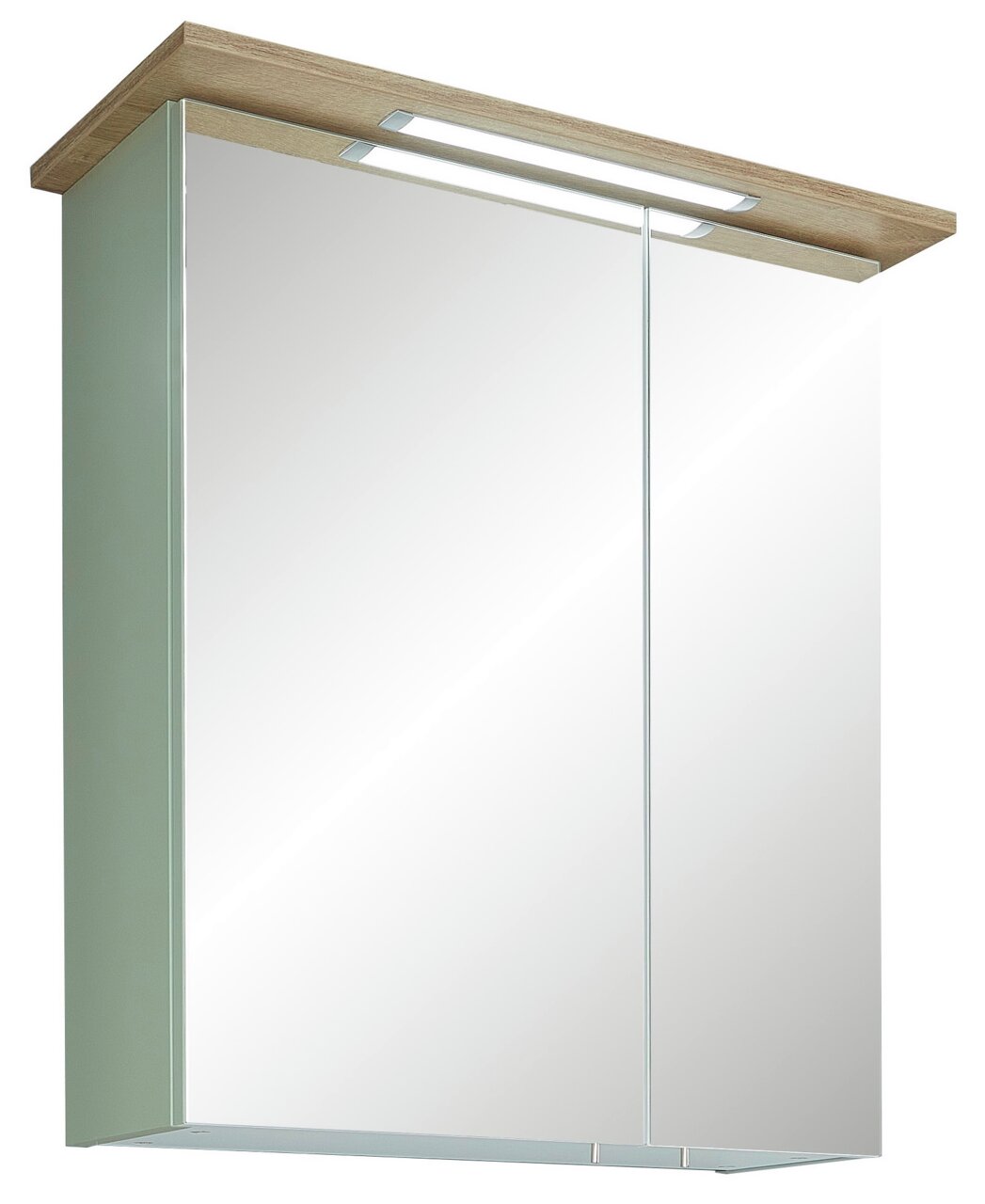 Spiegelschrank mit Holzablage und integrierter Beleuchtung, Frontalansicht