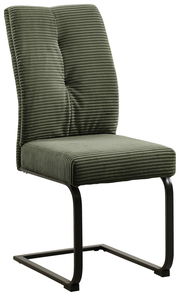 Grüner Schwingstuhl mit geripptem Stoffbezug und schwarzem Metallgestell, seitliche Perspektive