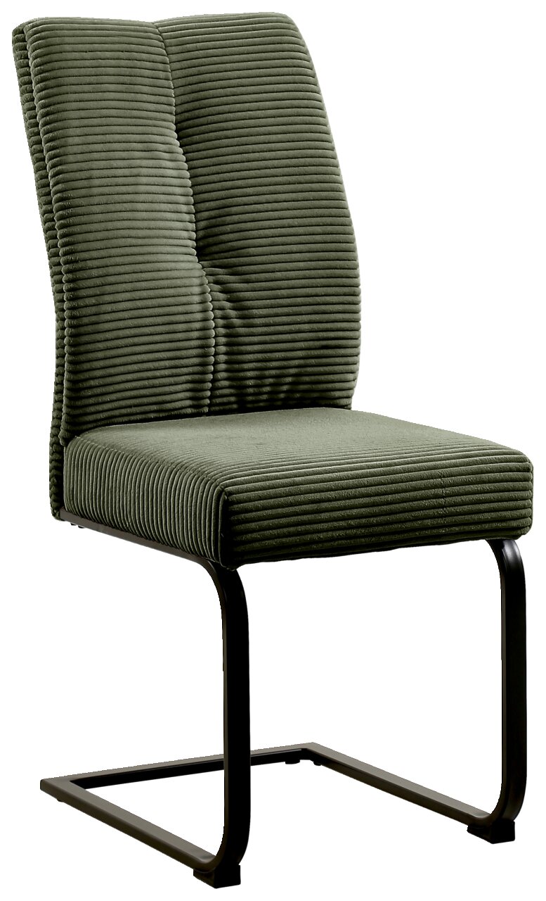 Grüner Schwingstuhl mit geripptem Stoffbezug und schwarzem Metallgestell, seitliche Perspektive