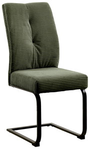 Grüner Schwingstuhl mit geripptem Stoffbezug und schwarzem Metallgestell, seitliche Perspektive