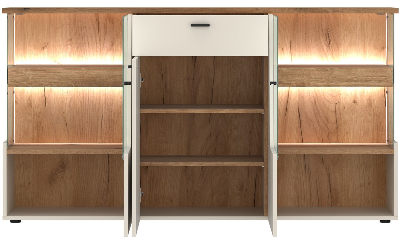 Frontansicht eines modernen Sideboards mit Holzoptik, offenen Türen und Schublade, beleuchtet mit LED-Lichtern.