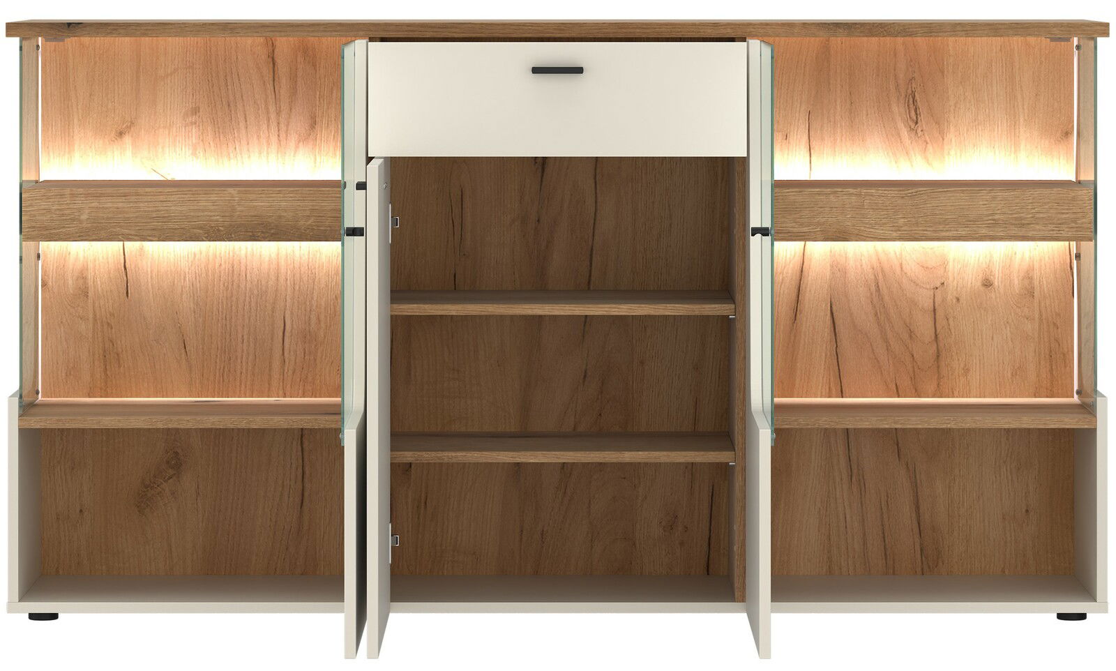 Frontansicht eines modernen Sideboards mit Holzoptik, offenen Türen und Schublade, beleuchtet mit LED-Lichtern.