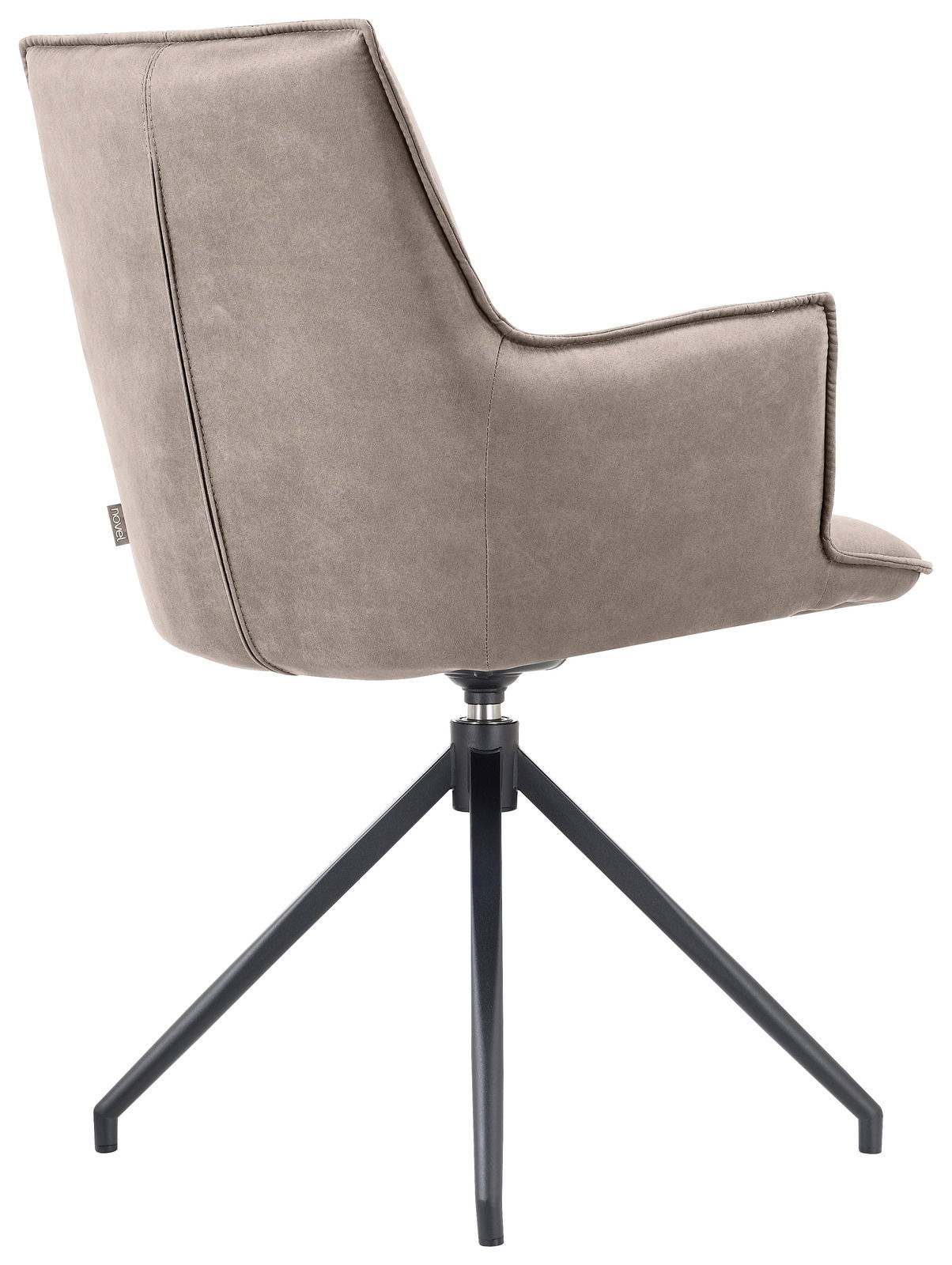 Moderner Sessel mit grauem Stoffbezug und schwarzem Metallgestell, seitliche Perspektive