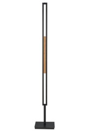 Moderne LED-Stehleuchte in schwarzem Metallrahmen mit Holzelement, frontale Ansicht