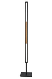 Moderne LED-Stehleuchte in schwarzem Metallrahmen mit Holzelement, frontale Ansicht