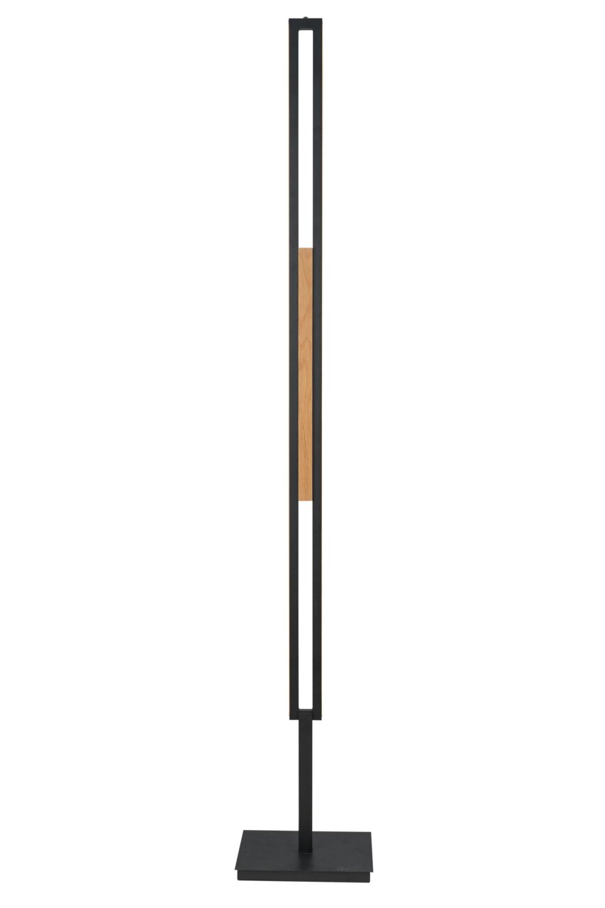 Moderne LED-Stehleuchte in schwarzem Metallrahmen mit Holzelement, frontale Ansicht