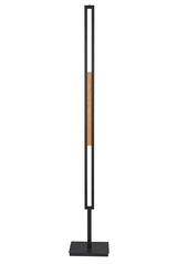 Moderne LED-Stehleuchte in schwarzem Metallrahmen mit Holzelement, frontale Ansicht