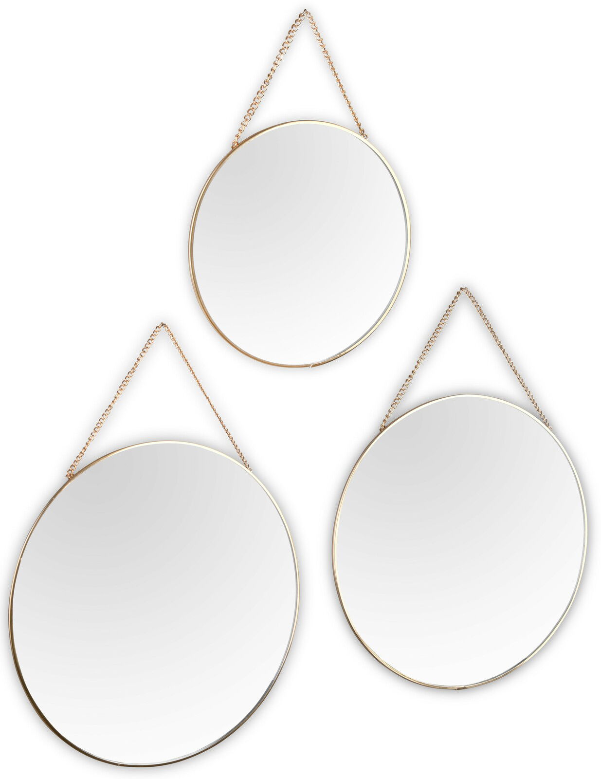 Drei runde Spiegel mit goldenen Rahmen und Kettenaufhängung, aus der Vorderansicht fotografiert.