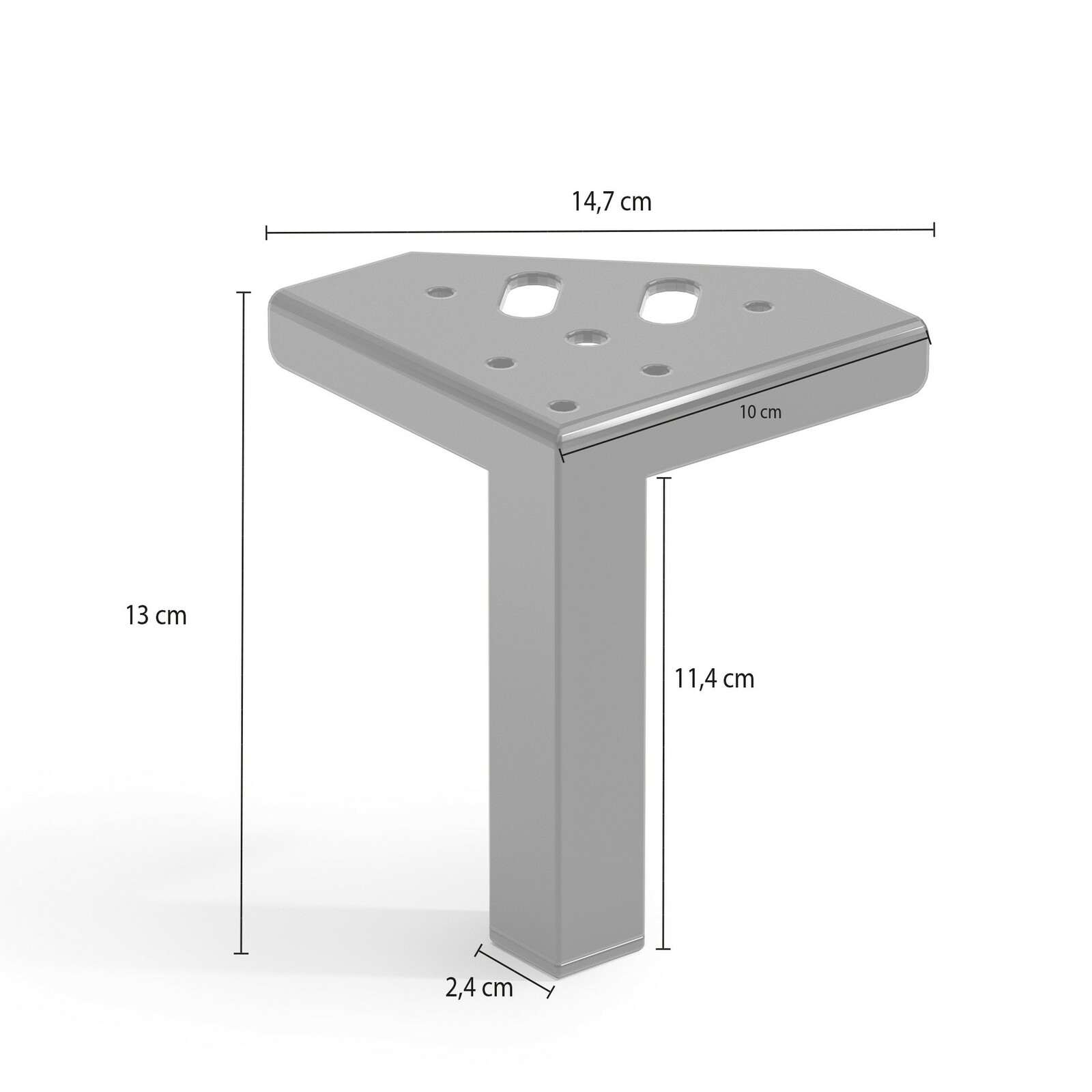 Silbernes Möbelbein in T-Form, perspektivische Ansicht mit Abmessungen: 14,7 cm Breite, 13 cm Höhe, 2,4 cm Tiefe.