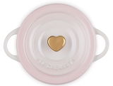 Obenansicht einer Mini-Cocotte in Herzform, 10 cm, in zartem Rosa mit goldenem Herzknauf.
