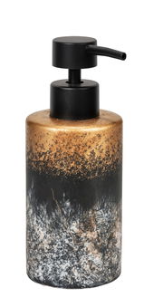 Moderner Seifenspender Lacona mit schwarzem Pumpkopf und marmoriertem, gold-schwarzem Design, seitliche Perspektive.