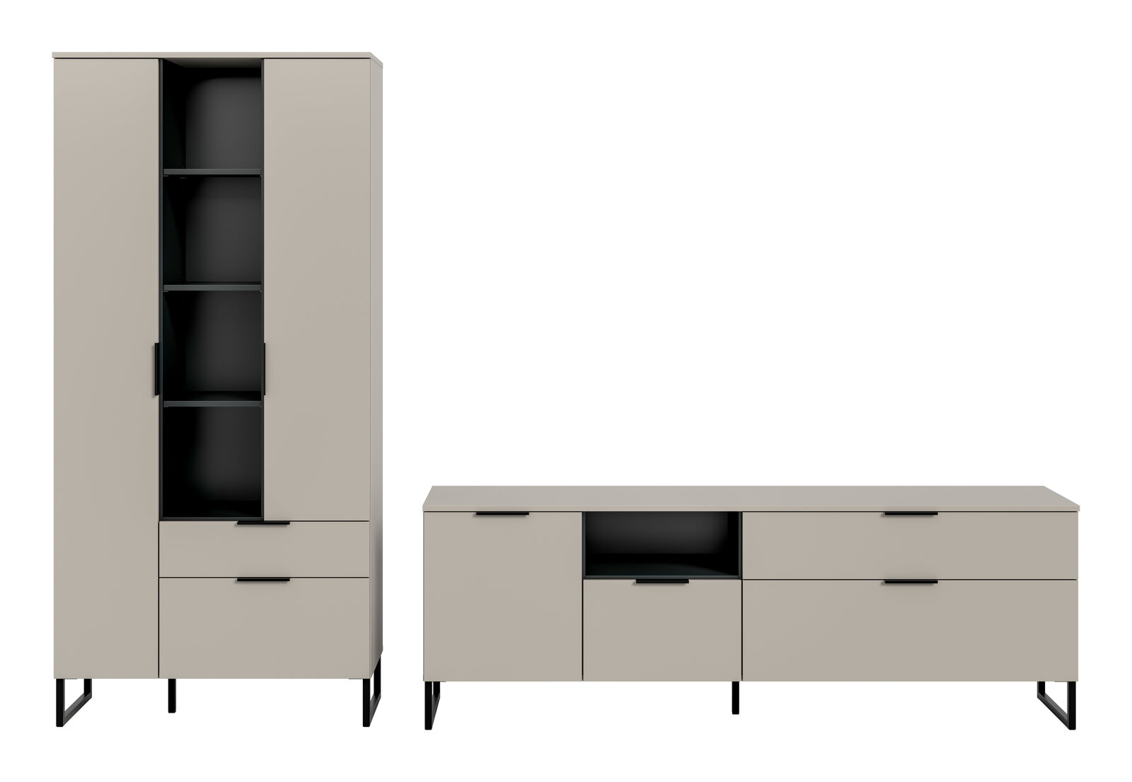 Modernes zweiteiliges Sideboard- und Hochschrank-Set in Greige mit schwarzen Akzenten, Glasvitrine und Schubladen auf Metallfüßen, Frontansicht