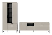 Modernes zweiteiliges Sideboard- und Hochschrank-Set in Greige mit schwarzen Akzenten, Glasvitrine und Schubladen auf Metallfüßen, Frontansicht