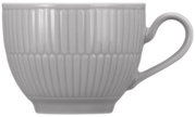 Graue Kaffeeobertasse mit geriffeltem Design, seitliche Perspektive