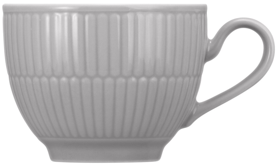 Graue Kaffeeobertasse mit geriffeltem Design, seitliche Perspektive