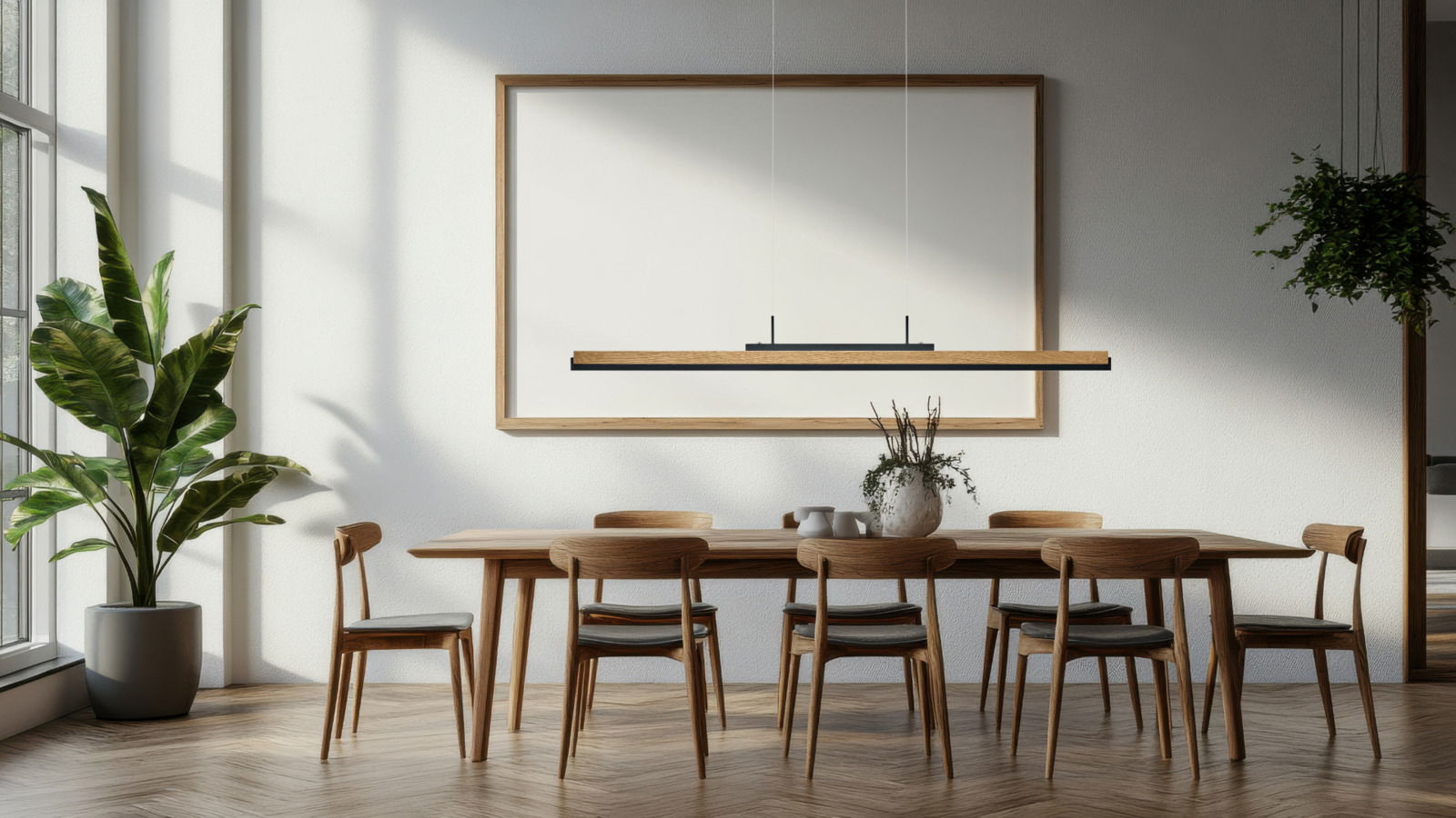 Moderne LED-Pendelleuchte über einem Esstisch in einem stilvollen, hellen Raum mit Holzmöbeln und Pflanzen, seitliche Perspektive.