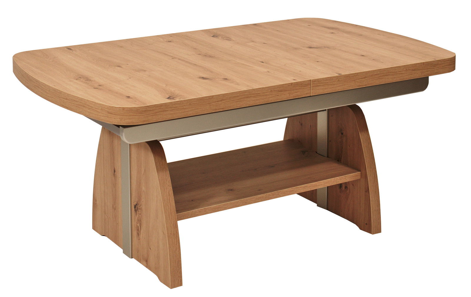 Moderner Couchtisch aus Holz mit abgerundeten Ecken und zusätzlicher Ablagefläche, seitliche Perspektive