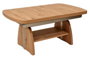 Moderner Couchtisch aus Holz mit abgerundeten Ecken und zusätzlicher Ablagefläche, seitliche Perspektive