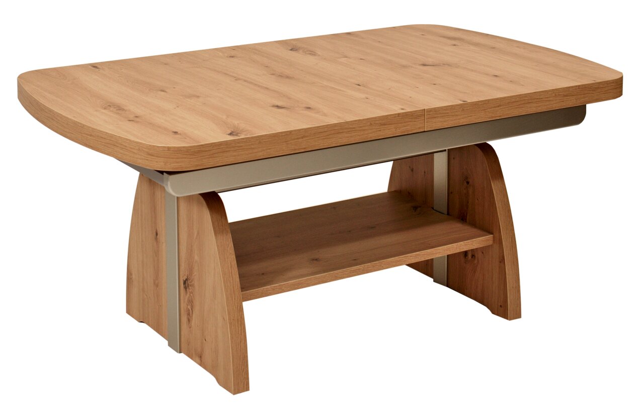 Moderner Couchtisch aus Holz mit abgerundeten Ecken und zusätzlicher Ablagefläche, seitliche Perspektive