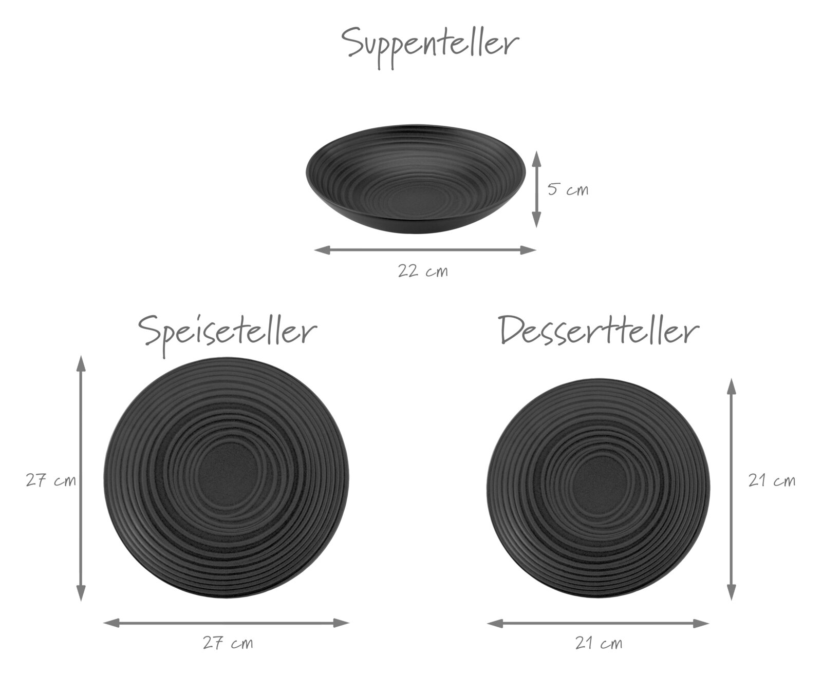 Schwarzes Teller-Set mit Rillenstruktur: Suppenteller (Ø 22 cm, Höhe 5 cm) in Seitenansicht sowie Speiseteller (Ø 27 cm) und Dessertteller (Ø 21 cm) in Draufsicht auf weißem Hintergrund.