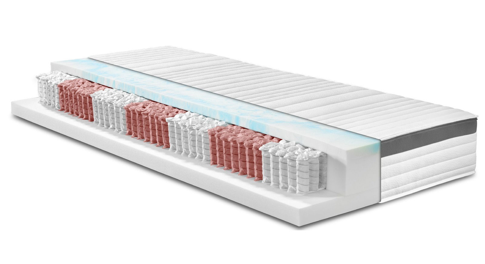 XORA TTFK-Matratze H3 Querschnitt einer TTFK-Matratze H3 mit sichtbaren Taschenfederkernen und Schaumstoffschichten, seitliche Perspektive