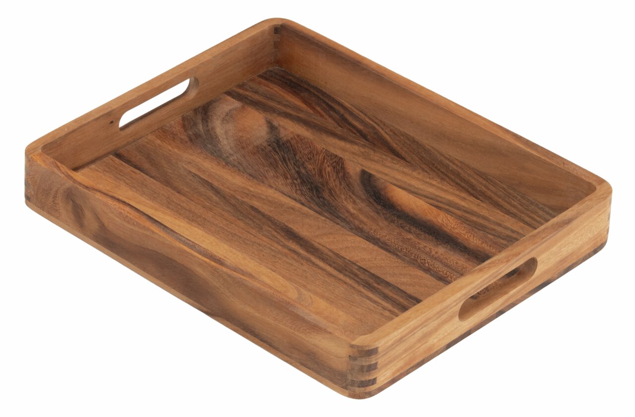 Houten dienblad met natuurlijke nerf, rechthoekig, met handvatten, gezien vanuit een schuine hoek van bovenaf