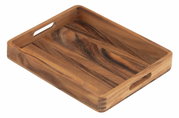 Houten dienblad met natuurlijke nerf, rechthoekig, met handvatten, gezien vanuit een schuine hoek van bovenaf