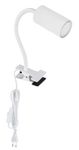 Klemmstrahler aus weißem Metall mit flexiblem Hals und Stromkabel, seitliche Perspektive