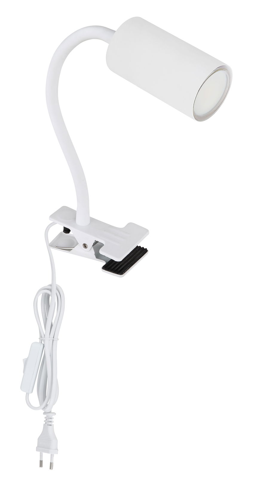 Klemmstrahler aus weißem Metall mit flexiblem Hals und Stromkabel, seitliche Perspektive