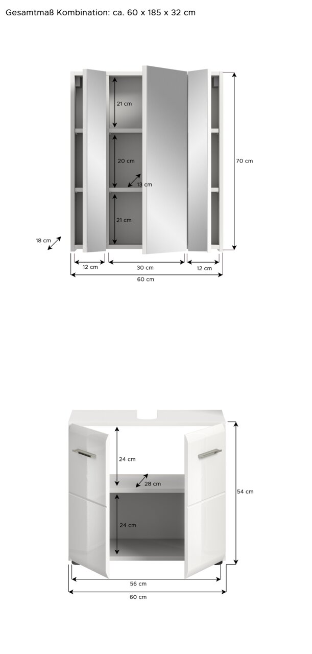 Badezimmerschrank-Kombination mit Spiegelschrank und Unterschrank, Gesamtmaße ca. 60 x 185 x 32 cm, Frontalansicht