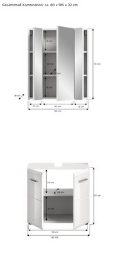 Badezimmerschrank-Kombination mit Spiegelschrank und Unterschrank, Gesamtmaße ca. 60 x 185 x 32 cm, Frontalansicht
