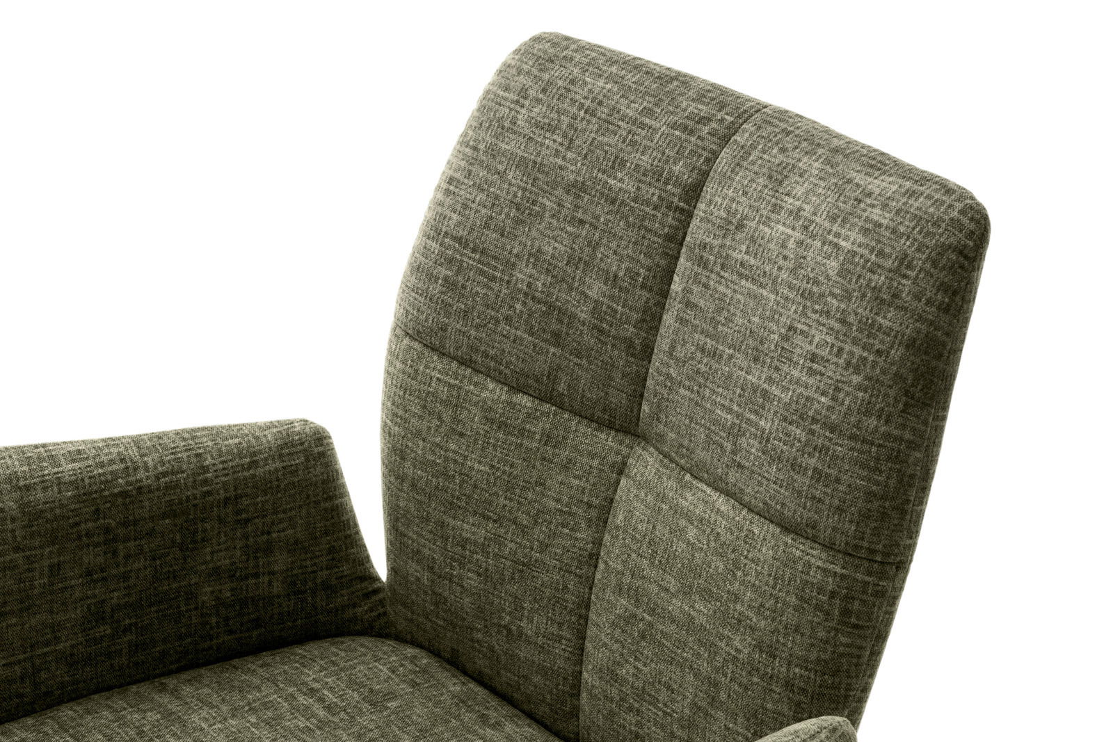 Nahaufnahme eines grünen Sessels mit gepolsterter Rückenlehne und Armlehne, seitliche Perspektive