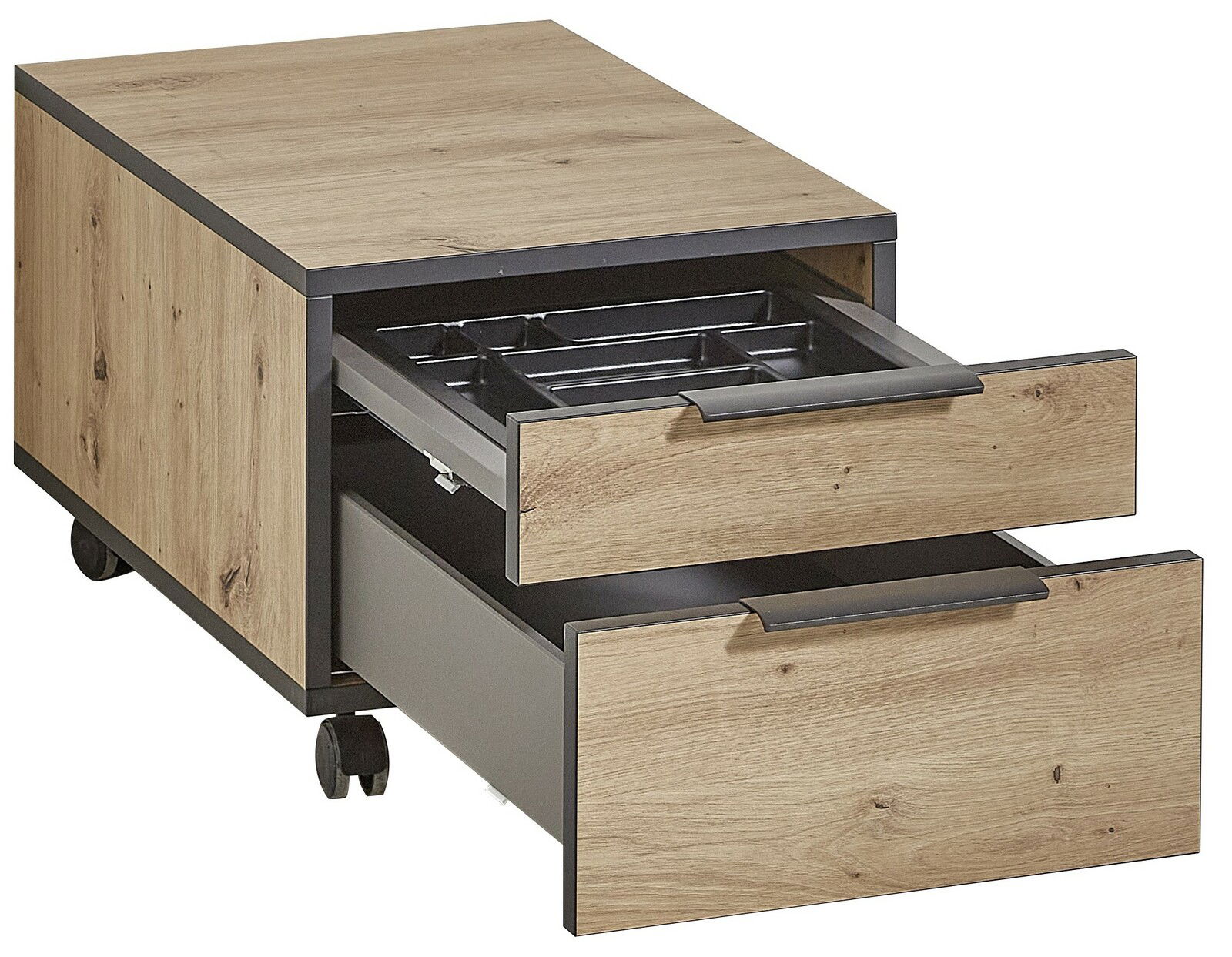 Rudolf Rollcontainer NXTstep Rollcontainer aus Holz mit zwei geöffneten Schubladen, auf Rollen, seitliche Perspektive