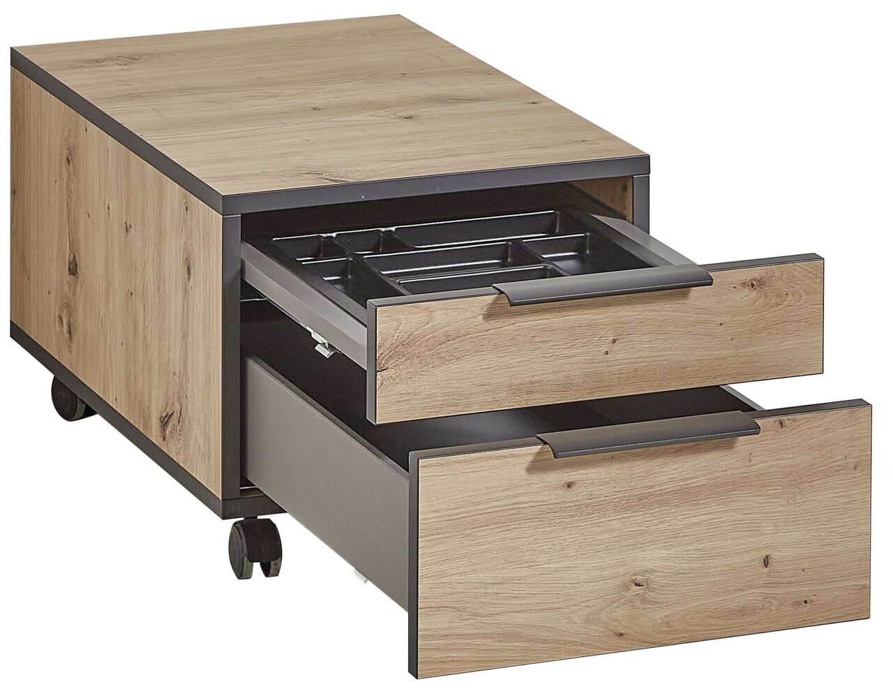 Rollcontainer aus Holz mit zwei geöffneten Schubladen, auf Rollen, seitliche Perspektive