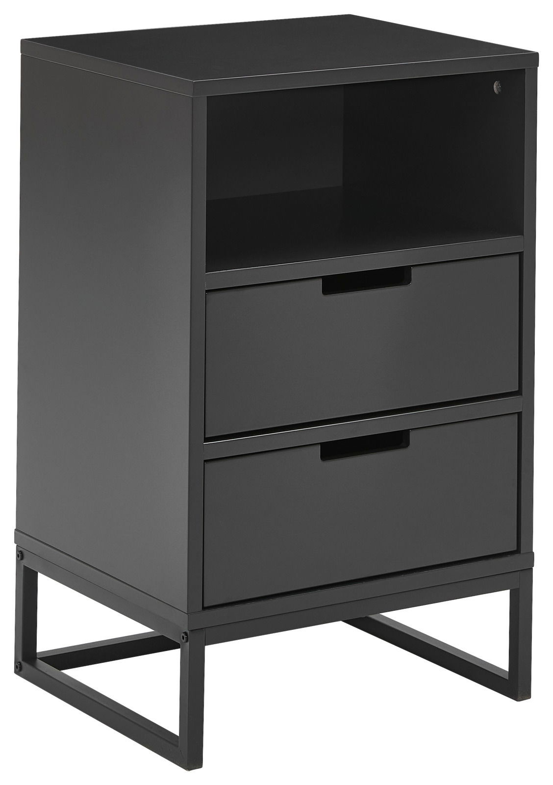 Novel Nachtkonsole hoch KUNO Moderne schwarze Nachtkonsole mit zwei Schubladen und offenem Fach, seitliche Perspektive