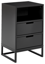 Moderne schwarze Nachtkonsole mit zwei Schubladen und offenem Fach, seitliche Perspektive