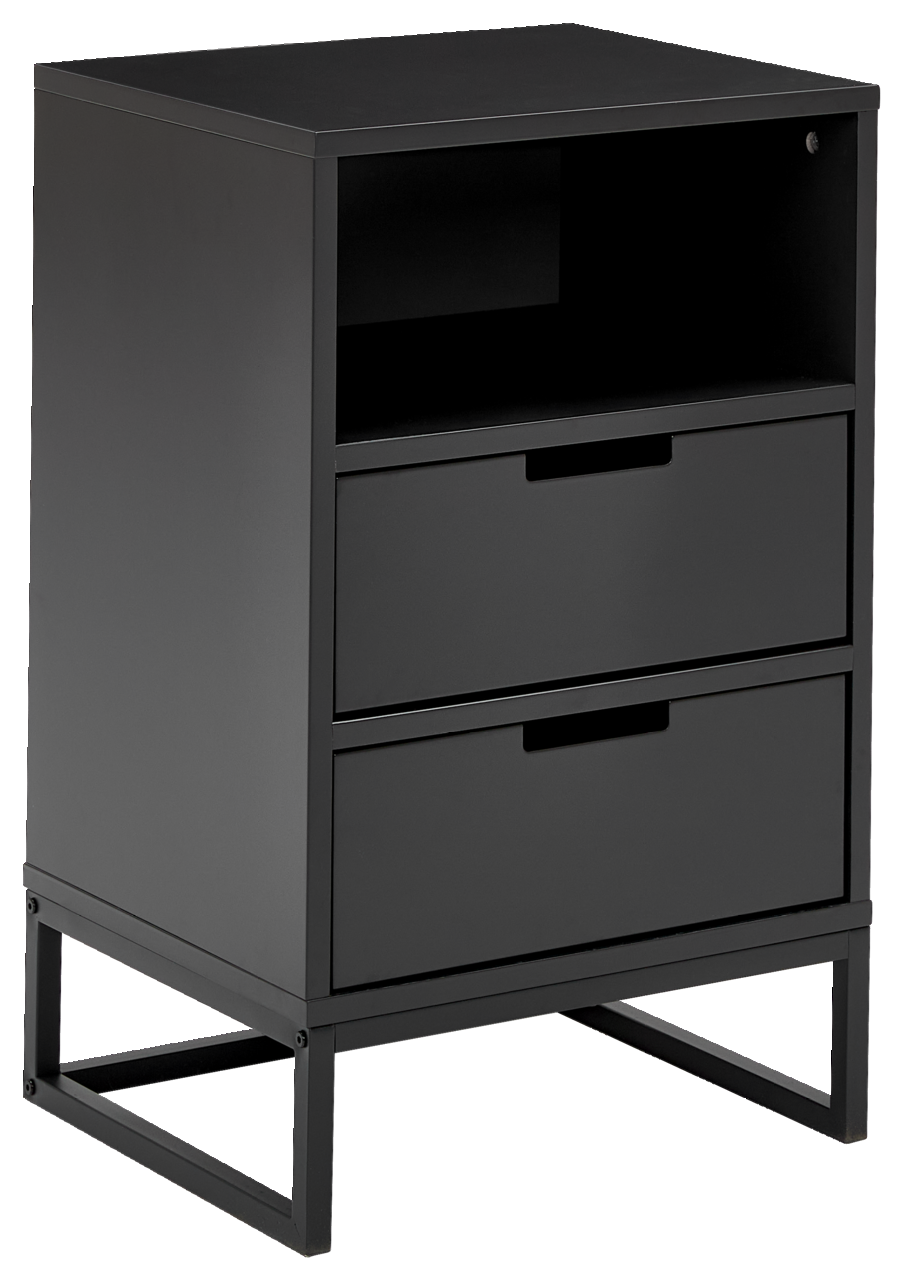 Moderne schwarze Nachtkonsole mit zwei Schubladen und offenem Fach, seitliche Perspektive