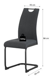 Dunkelgrauer Polster-Schwingstuhl mit Metallgestell, Rückenlehne mit Grifföffnung, Maße 98 x 43 x 59 cm und bis 120 kg belastbar, in schräger Frontansicht vor weißem Hintergrund