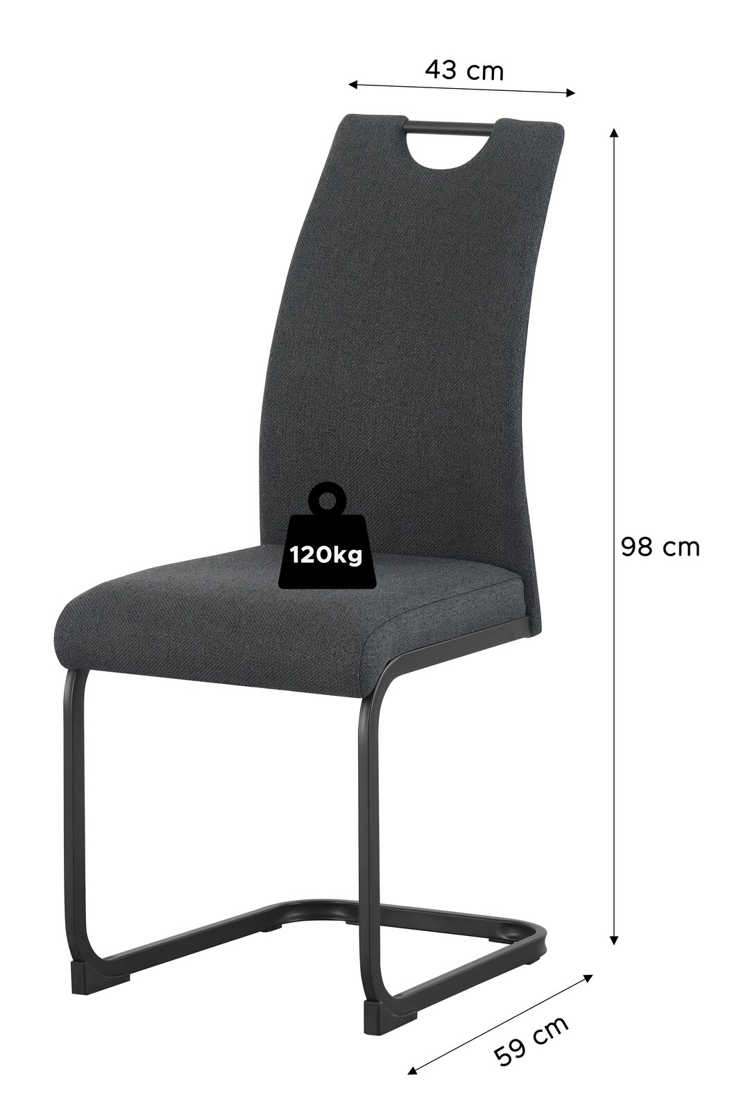 Dunkelgrauer Polster-Schwingstuhl mit Metallgestell, Rückenlehne mit Grifföffnung, Maße 98 x 43 x 59 cm und bis 120 kg belastbar, in schräger Frontansicht vor weißem Hintergrund