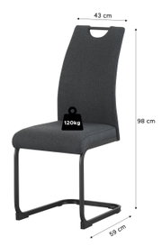 Dunkelgrauer Polster-Schwingstuhl mit Metallgestell, Rückenlehne mit Grifföffnung, Maße 98 x 43 x 59 cm und bis 120 kg belastbar, in schräger Frontansicht vor weißem Hintergrund