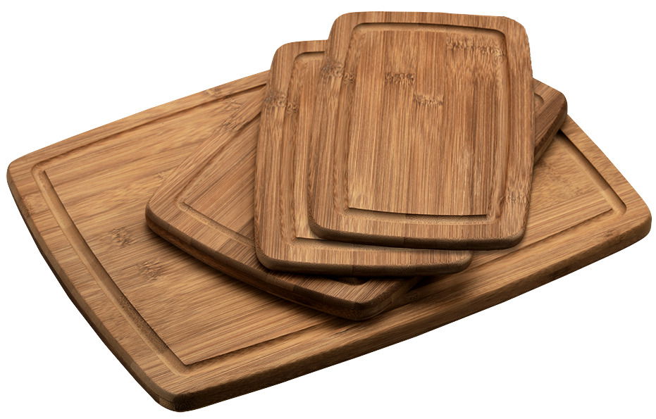 Draufsicht auf ein 3-teiliges Schneidbrett-Set aus dunklem Holz, gestapelt in verschiedenen Größen.