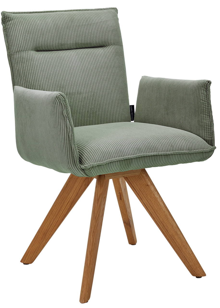 Johann Jakob Armlehnstuhl CALAS Grüner Armlehnstuhl mit Holzbeinen, seitliche Perspektive