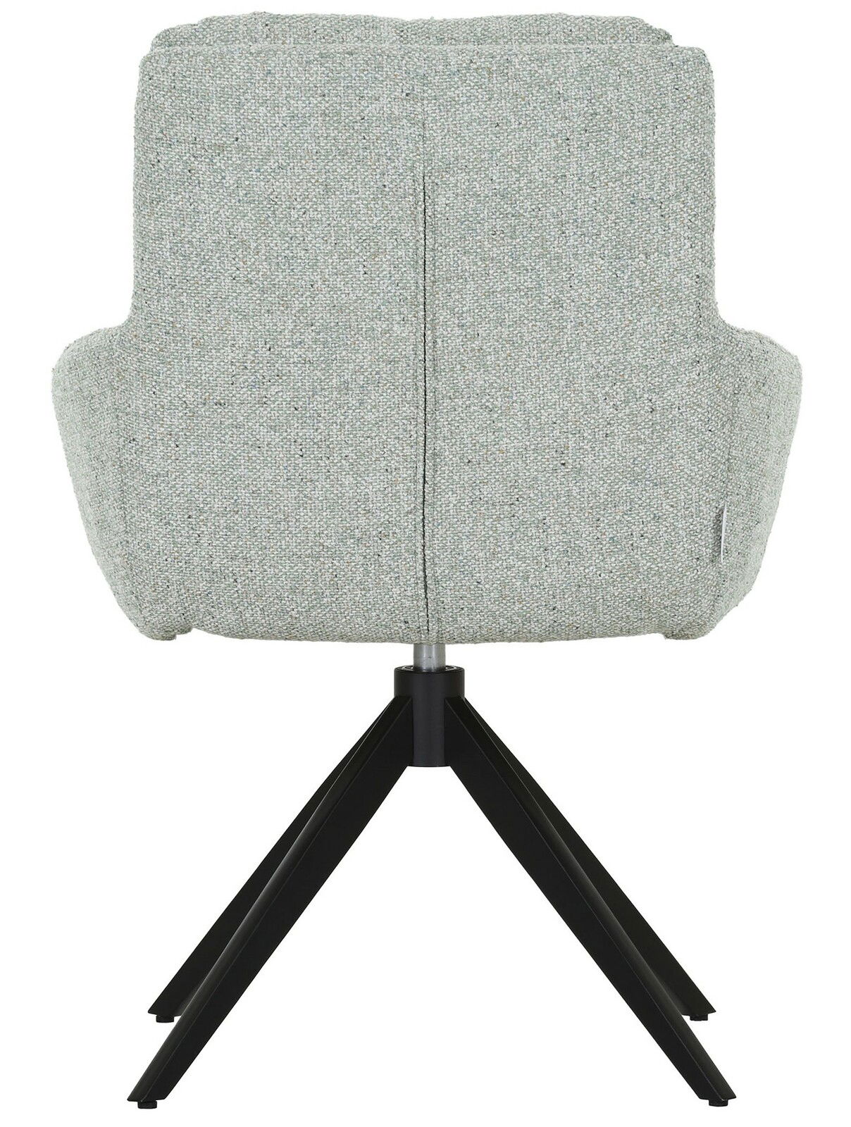 Rückansicht eines grauen Armlehnstuhls mit schwarzem Metallgestell, Modell LEIA von Zurbrüggen.