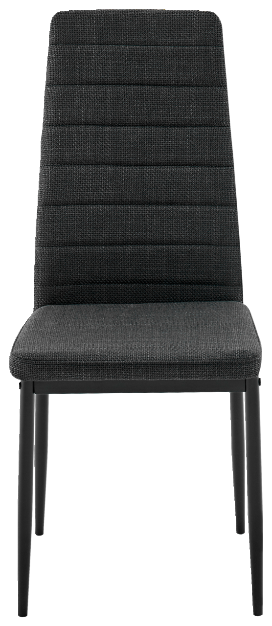 Moderner schwarzer Stuhl mit gepolsterter Rückenlehne und Sitzfläche, Vorderansicht